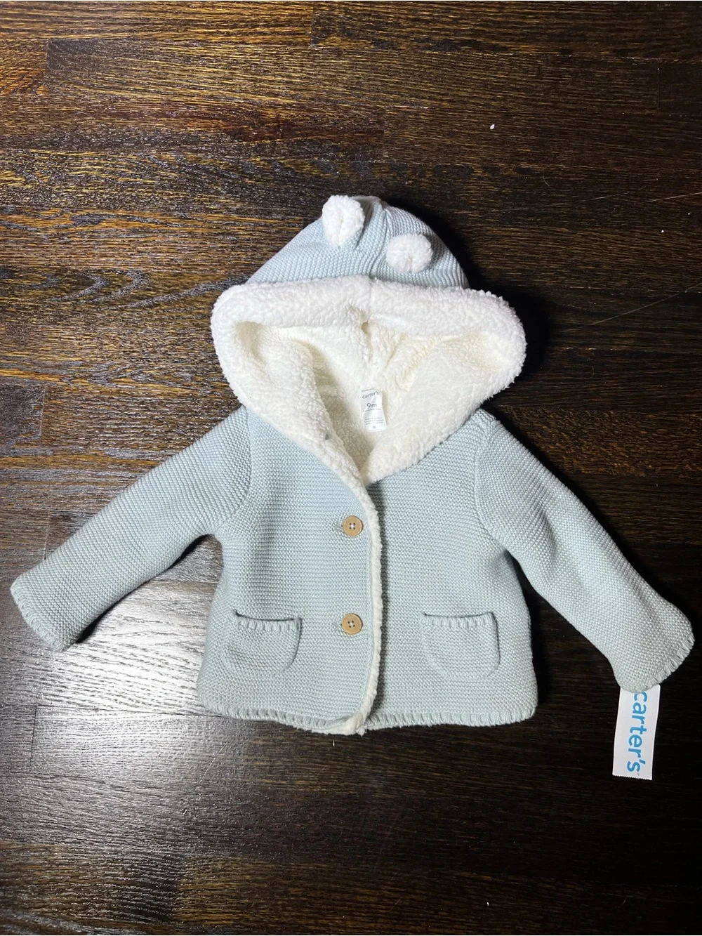 NWT Carter’s Bear Knit Cardigan Sweater Jacket Hooded Sherpa Lined 9M